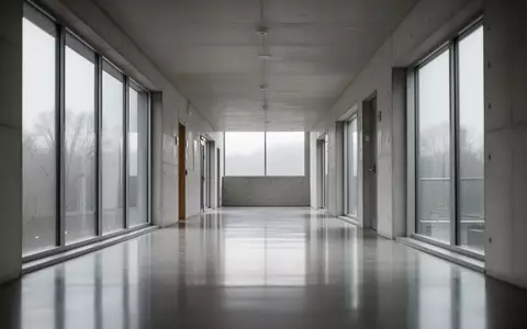 Ein minimalistischer, menschenleerer Flur in einem modernen Verwaltungsgebäude mit grauen Betonwänden und diffusem Tageslicht. - Foto: über boerse-global.de