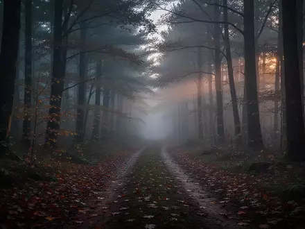 Ein nebliger Waldweg bei Dämmerung, der als Schauplatz für ein Mantrailing-Training dient. - Foto: über boerse-global.de