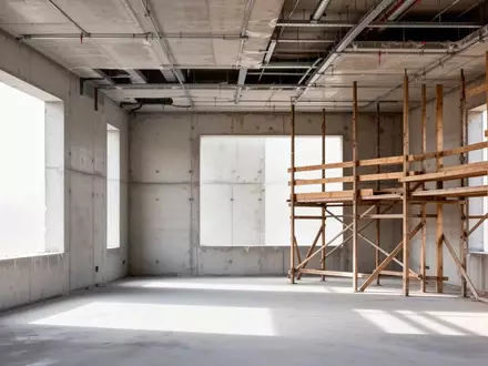 Rohbau eines modernen Gebäudes mit unfertigen Betonwänden und natürlichem Lichteinfall durch Fensteröffnungen. - Foto: über boerse-global.de