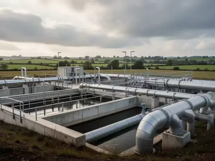 Betonbecken und Rohrleitungen einer modernen Wasseraufbereitungsanlage in einer weiten Landschaft. - Foto: über boerse-global.de