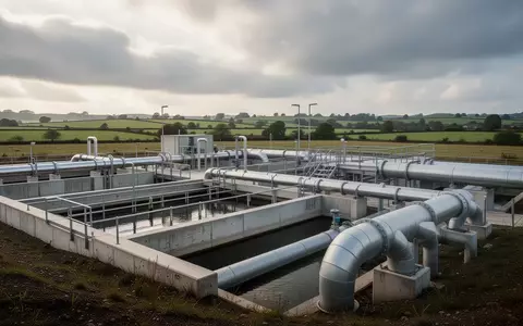 Betonbecken und Rohrleitungen einer modernen Wasseraufbereitungsanlage in einer weiten Landschaft. - Foto: über boerse-global.de