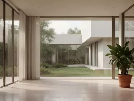 Minimalistisch gestalteter Innenraum mit natürlichem Lichteinfall und Blick in eine begrünte, ruhige Außenanlage. - Foto: über boerse-global.de