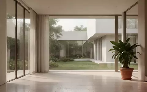 Minimalistisch gestalteter Innenraum mit natürlichem Lichteinfall und Blick in eine begrünte, ruhige Außenanlage. - Foto: über boerse-global.de