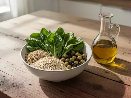Frische mediterrane Lebensmittel wie Gemüse und Getreide auf einem Holztisch bei natürlichem Licht. - Foto: über boerse-global.de