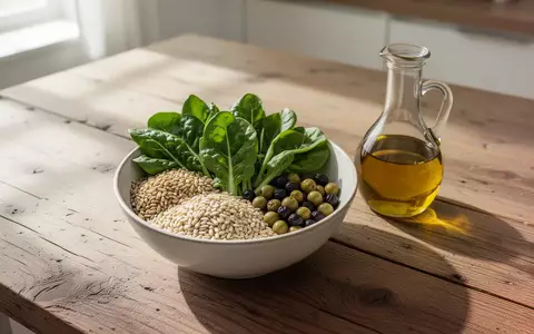 Frische mediterrane Lebensmittel wie Gemüse und Getreide auf einem Holztisch bei natürlichem Licht. - Foto: über boerse-global.de