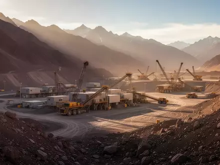 Industrielle Bergbauanlage in einer bergigen Hochlandlandschaft bei Sonnenuntergang. - Foto: über boerse-global.de