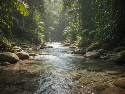 Ein klarer Süßwasserfluss in einer üppigen tropischen Naturumgebung mit Steinen im Wasser. - Foto: über boerse-global.de