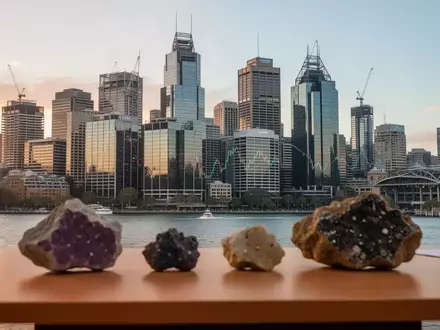 Die Skyline von Sydney bei Sonnenaufgang mit Rohstoffproben im Vordergrund, symbolisch für den australischen Aktienmarkt. - Foto: über boerse-global.de