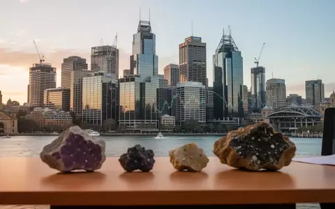 Die Skyline von Sydney bei Sonnenaufgang mit Rohstoffproben im Vordergrund, symbolisch für den australischen Aktienmarkt. - Foto: über boerse-global.de