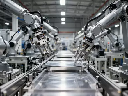 Industrielle Roboterarme in einer modernen Fertigungshalle bei der automatisierten Handhabung von Bauteilen. - Foto: über boerse-global.de
