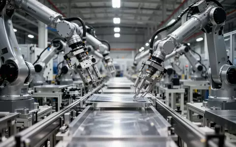 Industrielle Roboterarme in einer modernen Fertigungshalle bei der automatisierten Handhabung von Bauteilen. - Foto: über boerse-global.de