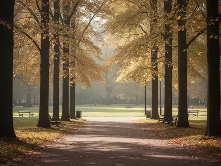 Ein sonniger Parkweg im Herbst, gesäumt von Bäumen mit goldenem Laub, der auf eine freie Wiese mit Parkbänken führt. - Foto: über boerse-global.de