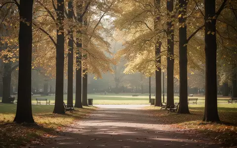 Ein sonniger Parkweg im Herbst, gesäumt von Bäumen mit goldenem Laub, der auf eine freie Wiese mit Parkbänken führt. - Foto: über boerse-global.de