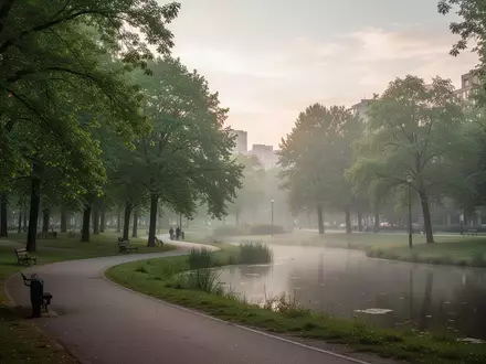 Ein ruhiger Stadtpark mit Bäumen, einem Fußweg und einem kleinen Teich bei Morgenlicht. - Foto: über boerse-global.de
