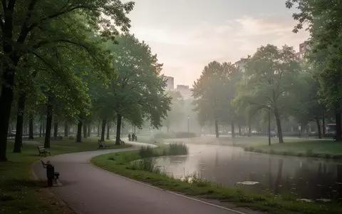 Ein ruhiger Stadtpark mit Bäumen, einem Fußweg und einem kleinen Teich bei Morgenlicht. - Foto: über boerse-global.de