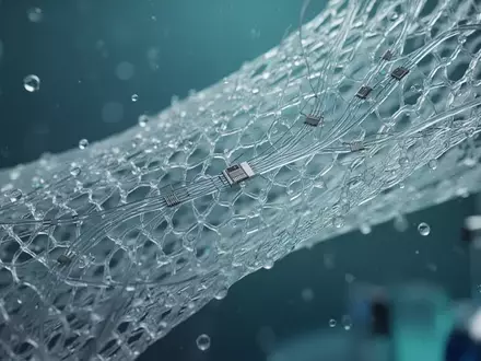 Ein hochauflösendes, mikroskopisches Bild eines flexiblen Polymernetzes mit integrierten piezoelektrischen Elementen. - Foto: über boerse-global.de