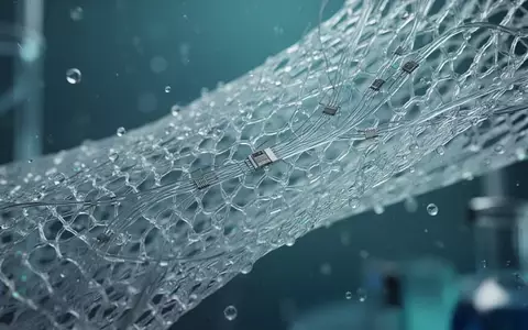 Ein hochauflösendes, mikroskopisches Bild eines flexiblen Polymernetzes mit integrierten piezoelektrischen Elementen. - Foto: über boerse-global.de