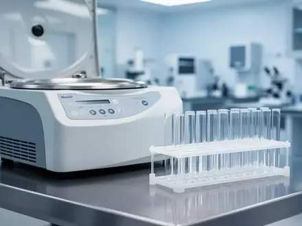 Leere medizinische Reagenzgläser und eine Zentrifuge in einem sterilen, hellen Laborraum. - Foto: über boerse-global.de
