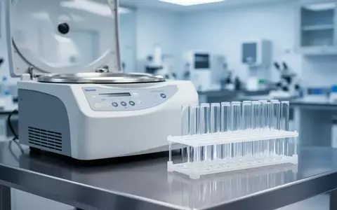 Leere medizinische Reagenzgläser und eine Zentrifuge in einem sterilen, hellen Laborraum. - Foto: über boerse-global.de