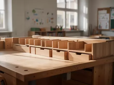 Leere hölzerne Aufbewahrungsfächer auf einer Werkbank in einem hellen Klassenzimmer. - Foto: über boerse-global.de