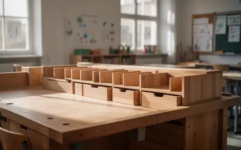 Leere hölzerne Aufbewahrungsfächer auf einer Werkbank in einem hellen Klassenzimmer. - Foto: über boerse-global.de