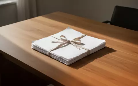 Ein minimalistischer Holztisch mit einem ordentlichen Stapel leeren Papiers, das mit einem schlichten Band zusammengebunden ist. - Foto: über boerse-global.de