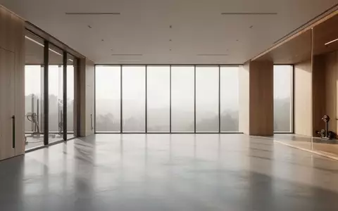 Ein minimalistischer, leerer Fitnessraum mit hellem Tageslicht und Holzelementen in einer modernen Architektur. - Foto: über boerse-global.de