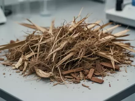 Nahaufnahme von getrockneten pflanzlichen Reststoffen auf einem sterilen Labortisch bei natürlichem Licht. - Foto: über boerse-global.de