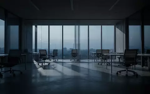 Ein leeres, minimalistisches Büro in der Dämmerung mit langen Schatten und kühlem Licht. - Foto: über boerse-global.de