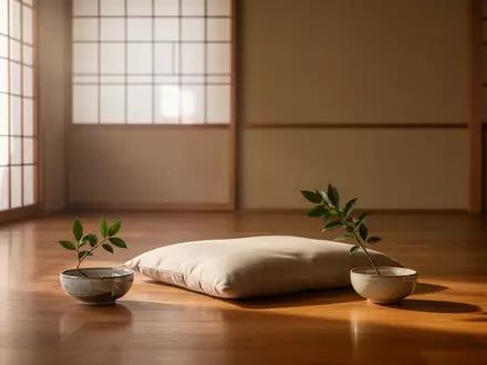 Ein minimalistischer Meditationsraum mit einer Bodenmatte und einem Keramikgefäß in sanftem, natürlichem Licht. - Foto: über boerse-global.de