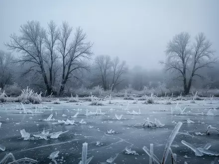 Verschneite Winterlandschaft mit gefrorenen Pflanzen und frostigen Texturen unter einem grauen Himmel. - Foto: über boerse-global.de