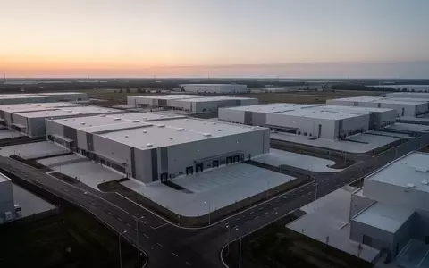 Weitläufiges, modernes Logistikareal mit großen, minimalistischen Lagerhallen in einer ruhigen Industrielandschaft. - Foto: über boerse-global.de