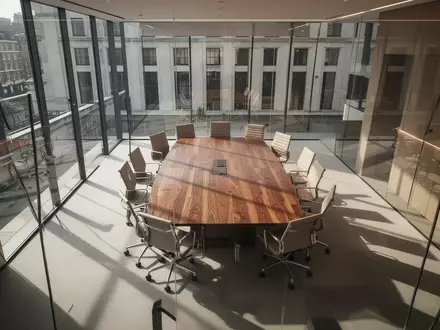 Ein minimalistischer, leerer Konferenzraum mit Glaswänden und polierten Holztischen in einem modernen Londoner Bürogebäude. - Foto: über boerse-global.de