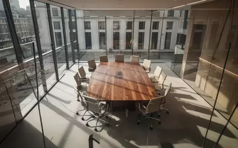 Ein minimalistischer, leerer Konferenzraum mit Glaswänden und polierten Holztischen in einem modernen Londoner Bürogebäude. - Foto: über boerse-global.de