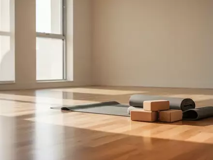 Ein heller, minimalistischer Übungsraum mit einer Yogamatte und Holzklötzen auf einem hellen Holzboden. - Foto: über boerse-global.de