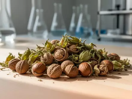 Nahaufnahme von Haselnussschalen und grünen Hüllen auf einem Labortisch als Rohstoff für die Wirkstoffforschung. - Foto: über boerse-global.de
