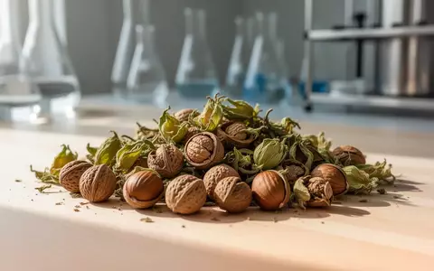 Nahaufnahme von Haselnussschalen und grünen Hüllen auf einem Labortisch als Rohstoff für die Wirkstoffforschung. - Foto: über boerse-global.de