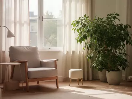 Ein helles, ruhiges Wohnzimmer mit einem Sessel bei natürlichem Tageslicht, das eine Atmosphäre der Entlastung vermittelt. - Foto: über boerse-global.de
