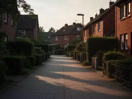 Eine leere Wohnstraße in einer deutschen Vorstadtsiedlung bei Dämmerung mit Einfamilienhäusern und langen Schatten. - Foto: über boerse-global.de