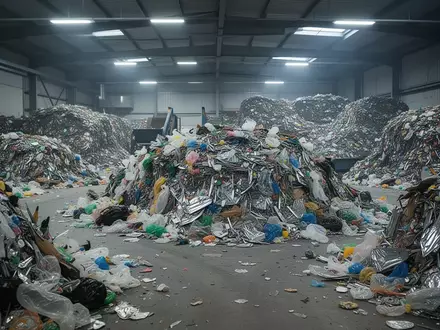 Ein Blick in eine industrielle Müllsortieranlage mit großen Haufen aus unsortierten Abfällen auf einem Betonboden. - Foto: über boerse-global.de