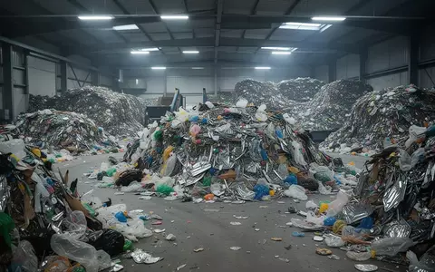 Ein Blick in eine industrielle Müllsortieranlage mit großen Haufen aus unsortierten Abfällen auf einem Betonboden. - Foto: über boerse-global.de