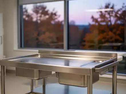 Ein minimalistisch gestalteter, steriler medizinischer Raum mit Blick auf eine herbstliche Landschaft im Dämmerlicht. - Foto: über boerse-global.de