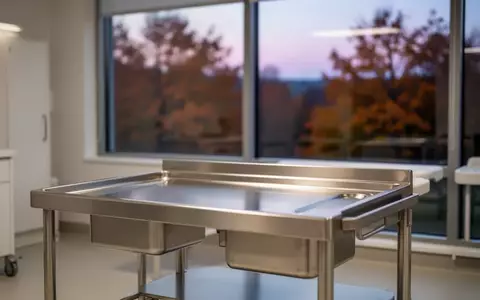 Ein minimalistisch gestalteter, steriler medizinischer Raum mit Blick auf eine herbstliche Landschaft im Dämmerlicht. - Foto: über boerse-global.de