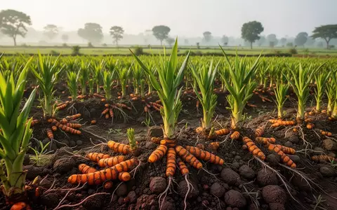 Ein sonnendurchflutetes Kurkuma-Feld mit freigelegten orangefarbenen Wurzelstöcken im nährstoffreichen Boden während der Ernte. - Foto: über boerse-global.de