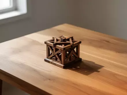 Ein hölzernes geometrisches Puzzle auf einem schlichten Holztisch in weichem Tageslicht. - Foto: über boerse-global.de