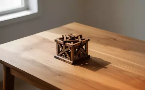 Ein hölzernes geometrisches Puzzle auf einem schlichten Holztisch in weichem Tageslicht. - Foto: über boerse-global.de