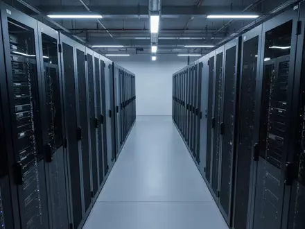 Moderne, minimalistische Server-Umgebung mit dunklen Server-Racks in einem kühlen blauen Licht. - Foto: über boerse-global.de