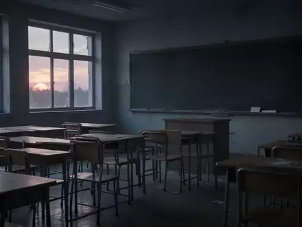 Ein leerer, stiller Klassenraum in der Abenddämmerung mit leeren Schulbänken und einer unbeschriebenen Wandtafel. - Foto: über boerse-global.de