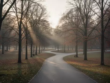 Ein ruhiger, leerer Parkweg im Herbstlicht, der eine melancholische und nachdenkliche Atmosphäre ausstrahlt. - Foto: über boerse-global.de
