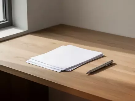 Ein minimalistischer, moderner Arbeitsplatz mit einem Eichenholzschreibtisch, natürlichem Tageslicht und leeren Dokumenten. - Foto: über boerse-global.de
